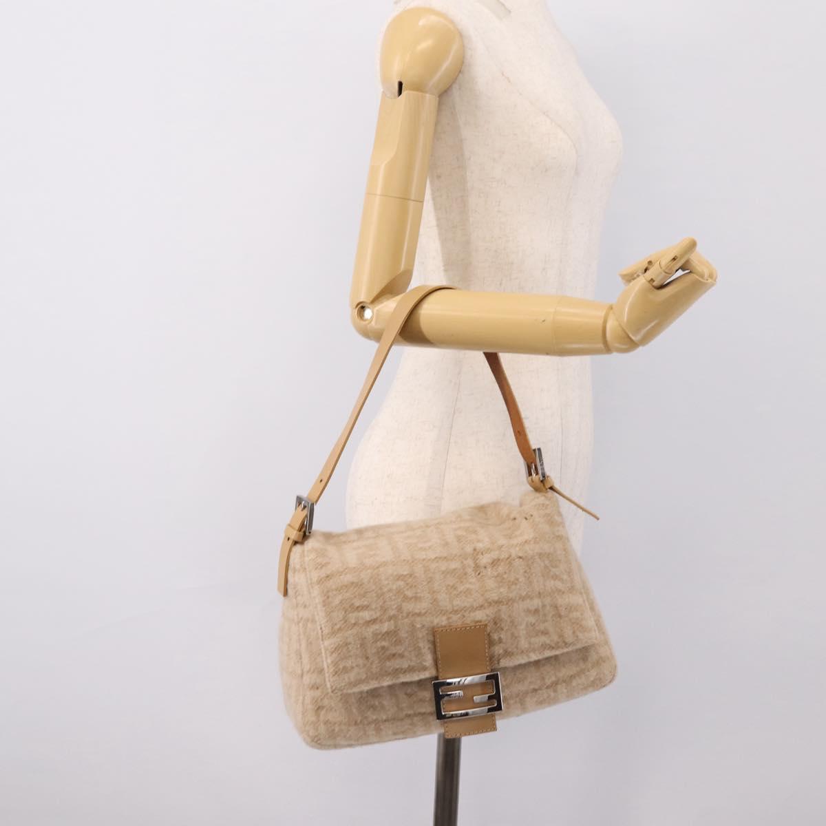 FENDI Mamma Baguette Shoulder Bag Wool Beige Silver Auth 200802V