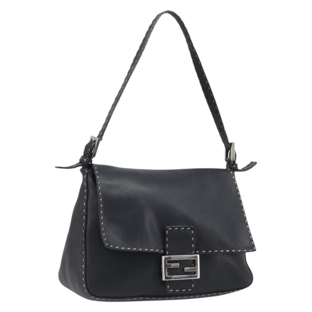 FENDI Selleria Mamma Baguette Shoulder Bag Leather Black Silver Auth 200803A