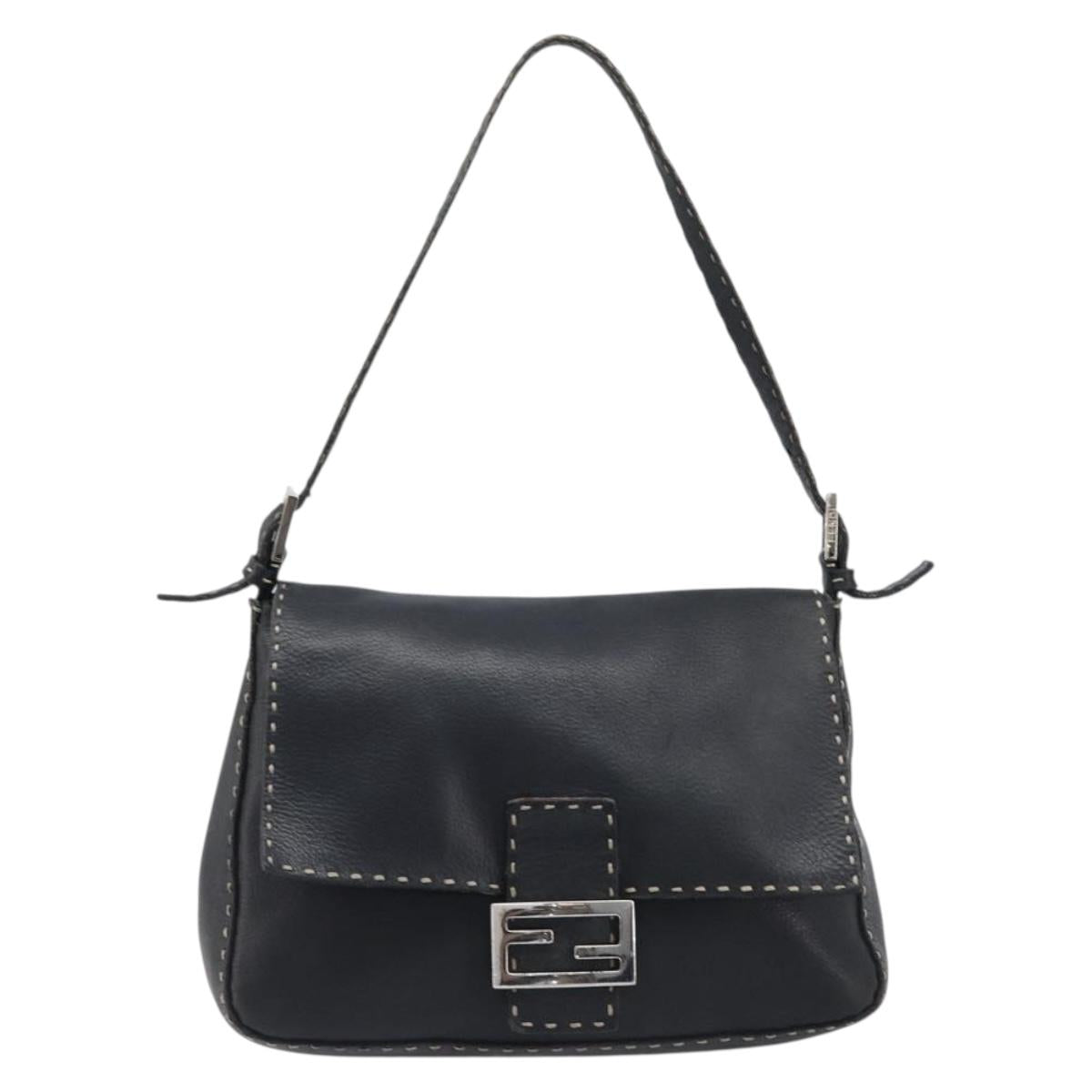 FENDI Selleria Mamma Baguette Shoulder Bag Leather Black Silver Auth 200803A