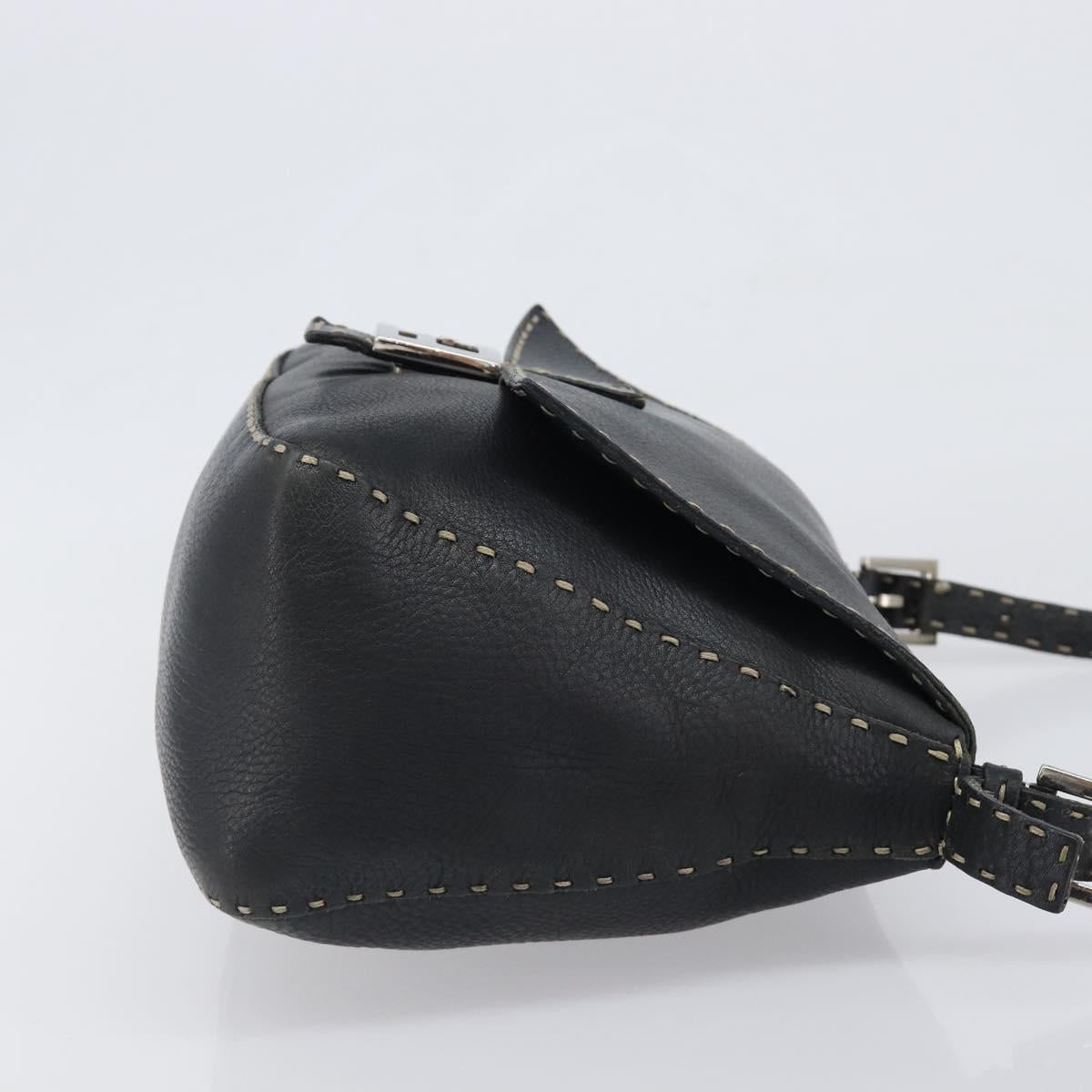 FENDI Selleria Mamma Baguette Shoulder Bag Leather Black Silver Auth 200803A