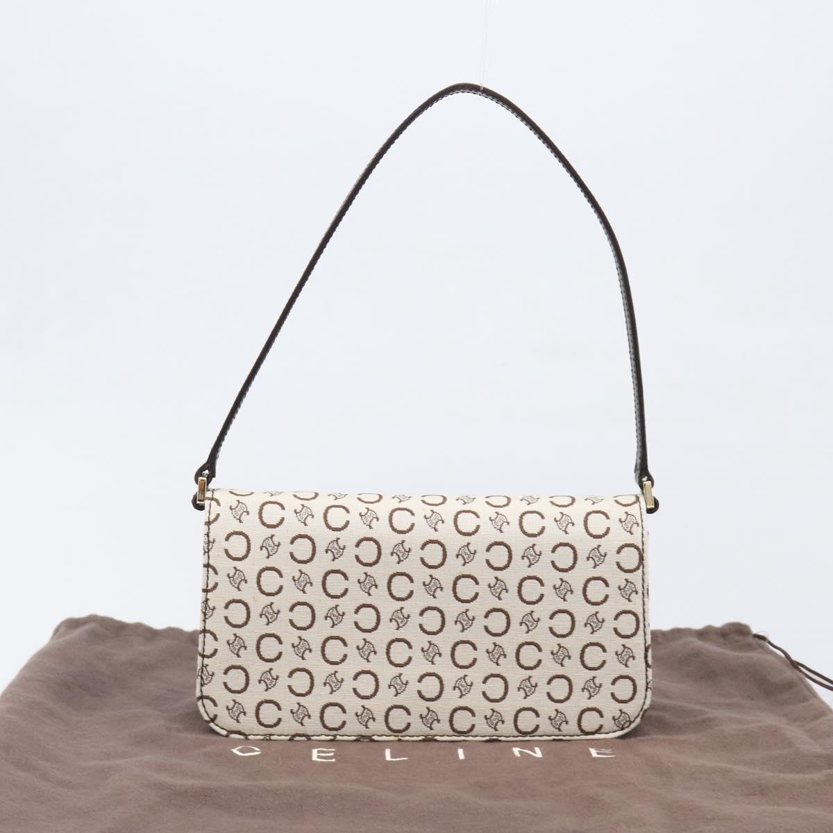 CELINE C Macadam Shoulder Bag Canvas White Gold Tone Auth 200822V