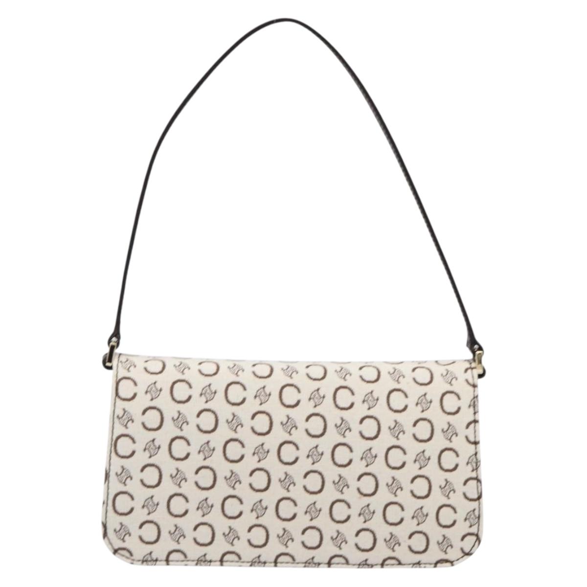 CELINE C Macadam Shoulder Bag Canvas White Gold Tone Auth 200822V