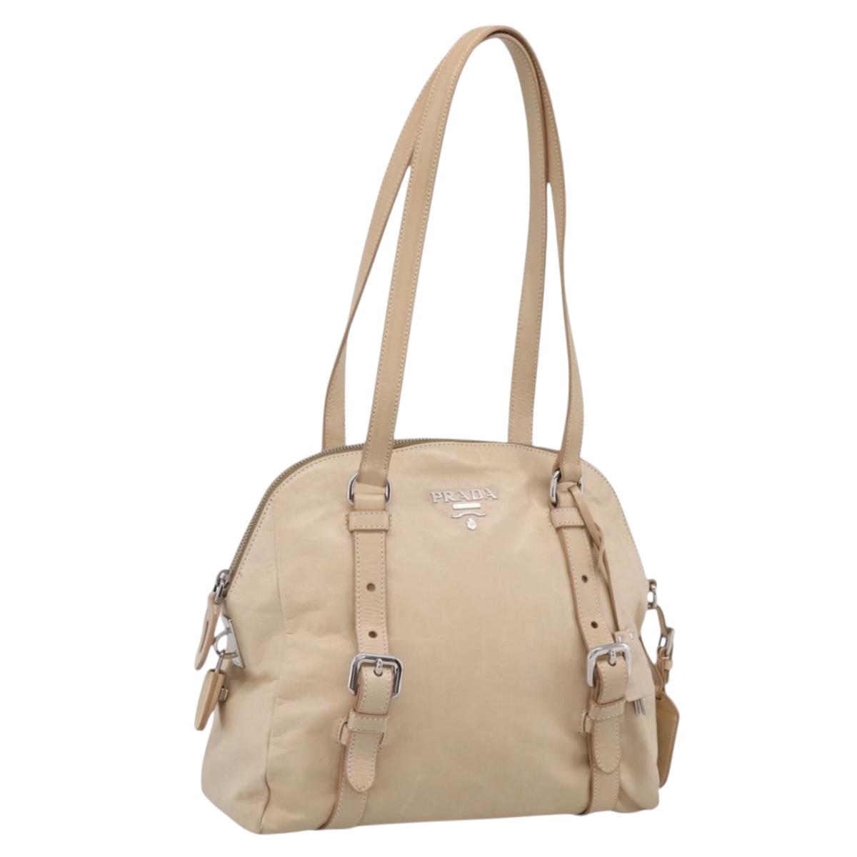 PRADA Shoulder Bag Leather Beige Silver Auth 200826V