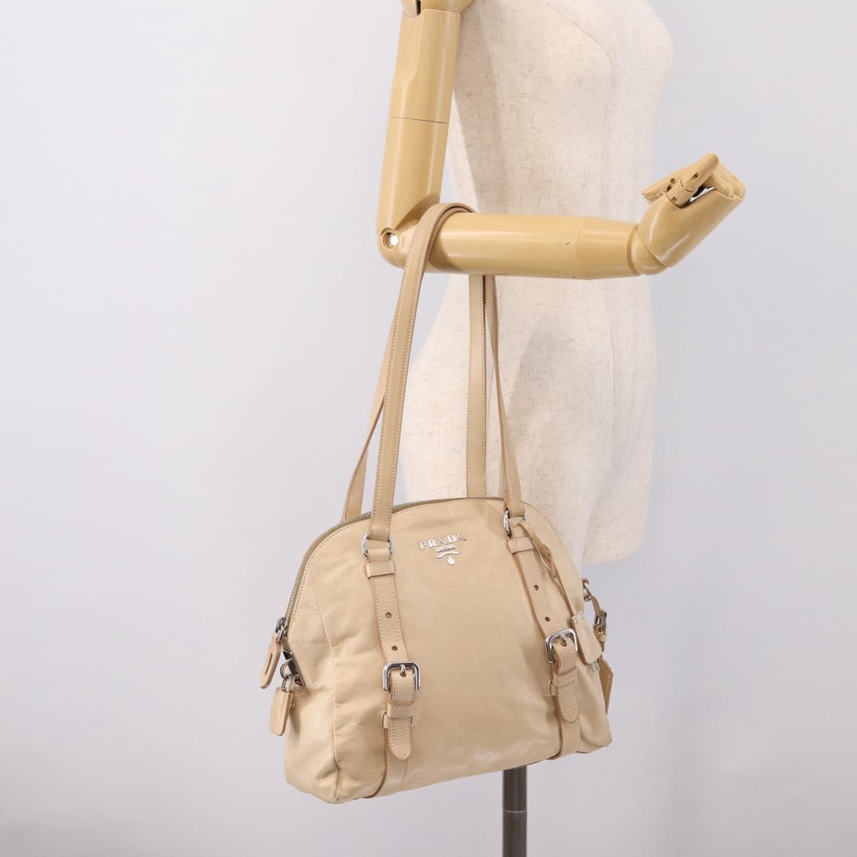 PRADA Shoulder Bag Leather Beige Silver Auth 200826V