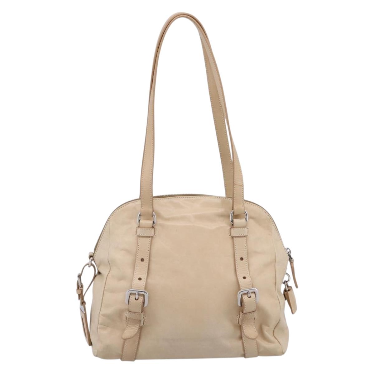 PRADA Shoulder Bag Leather Beige Silver Auth 200826V