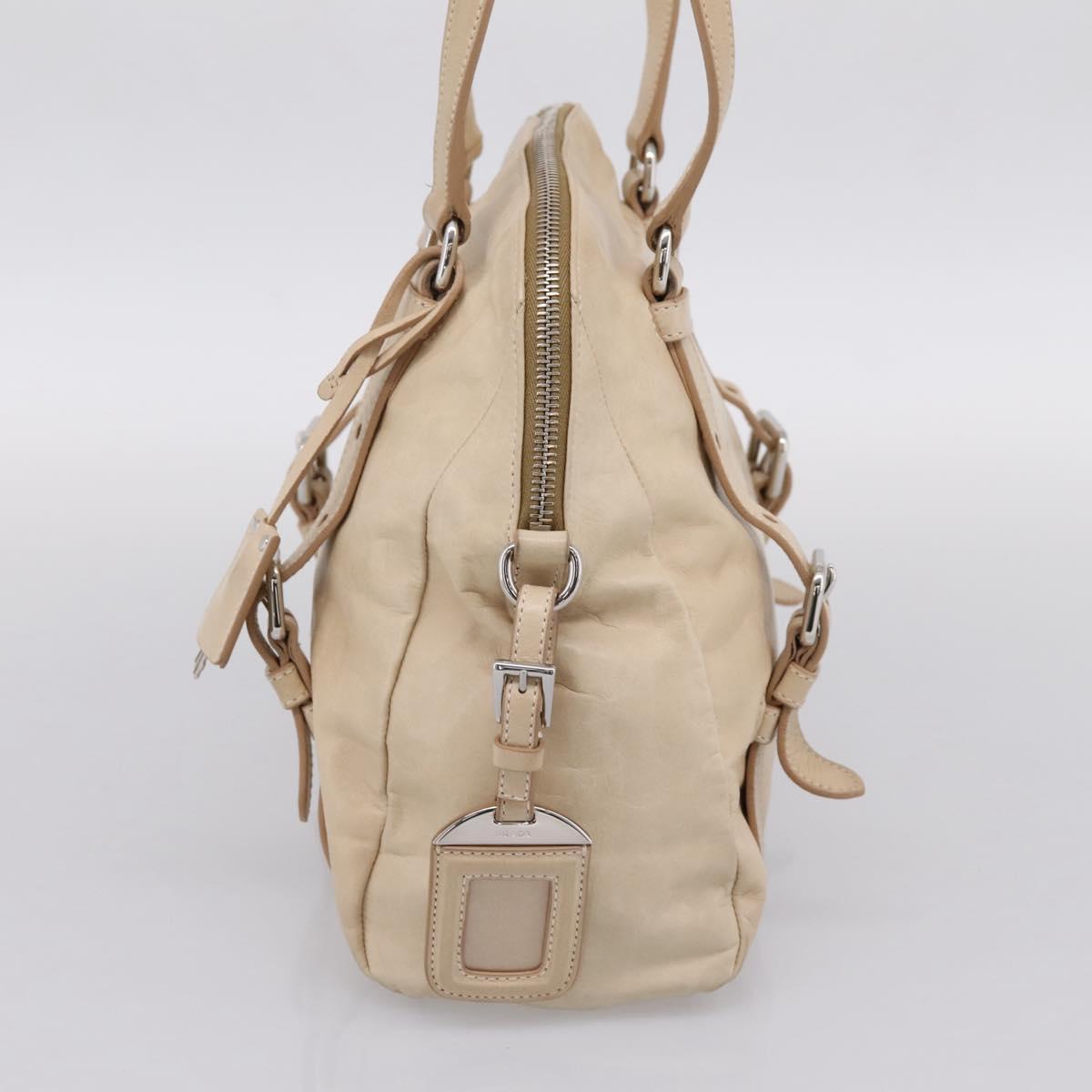 PRADA Shoulder Bag Leather Beige Silver Auth 200826V