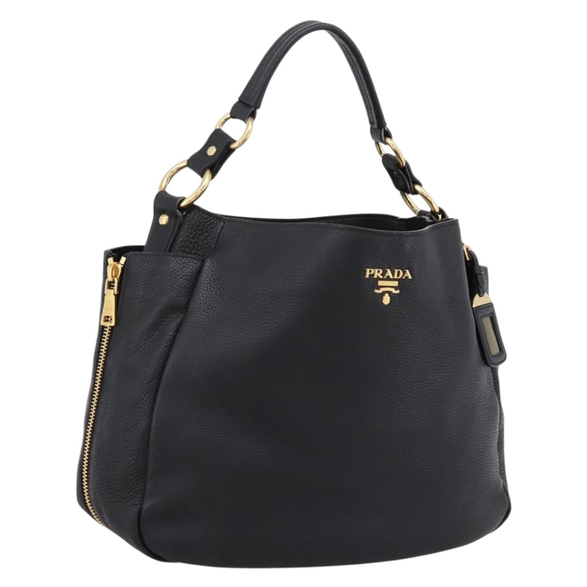 PRADA Vitterodino Hand Bag Leather Black Gold Tone Auth 200844V