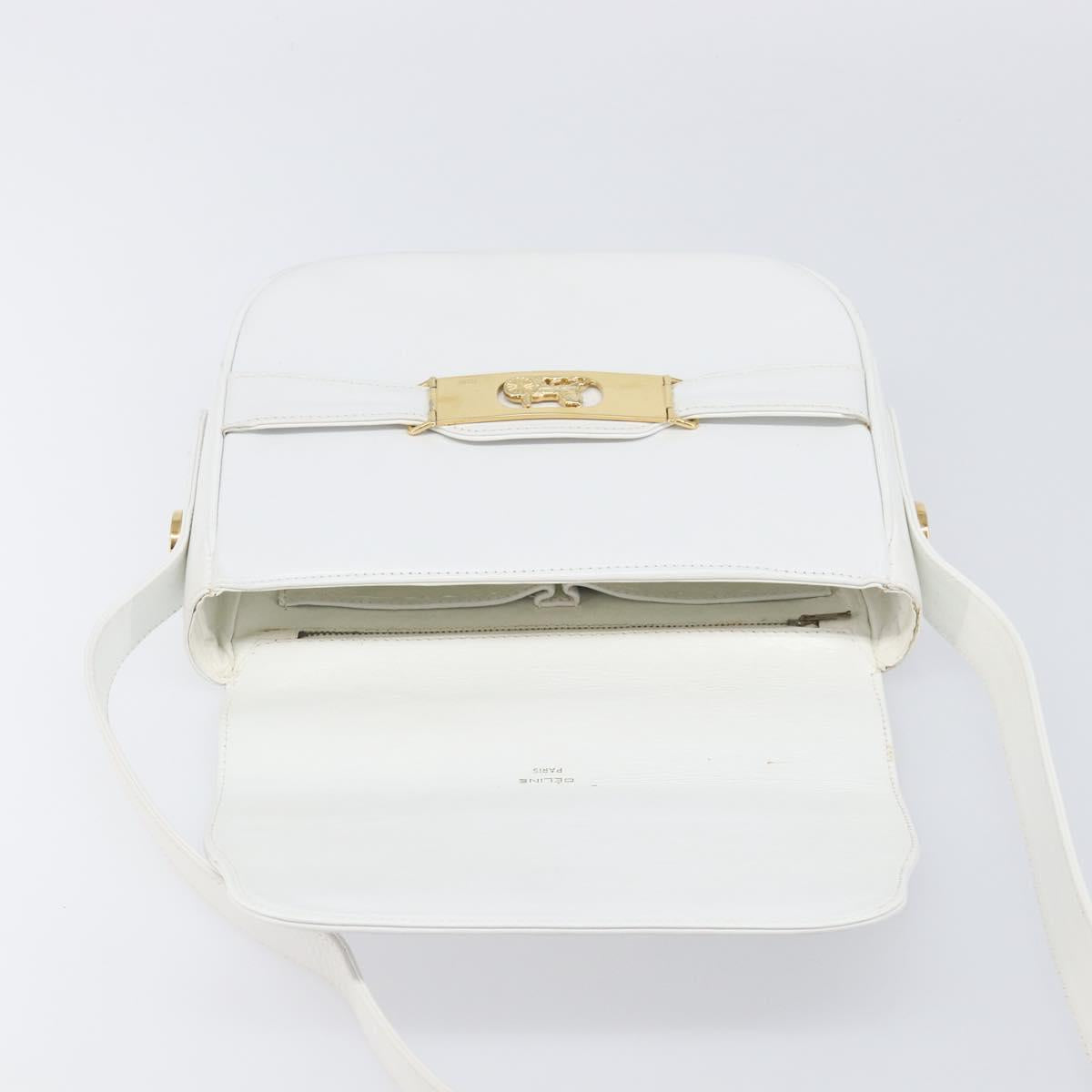 CELINE Horse Carriage Shoulder Bag Leather White Gold Auth 200903