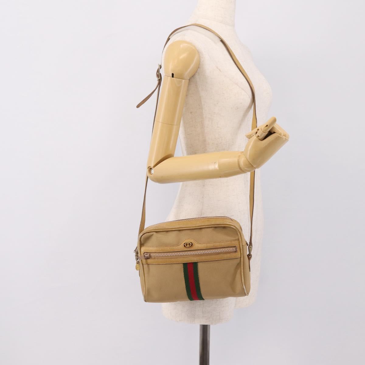 GUCCI Web Sherry Line Shoulder Bag Canvas Beige Gold Auth 200924
