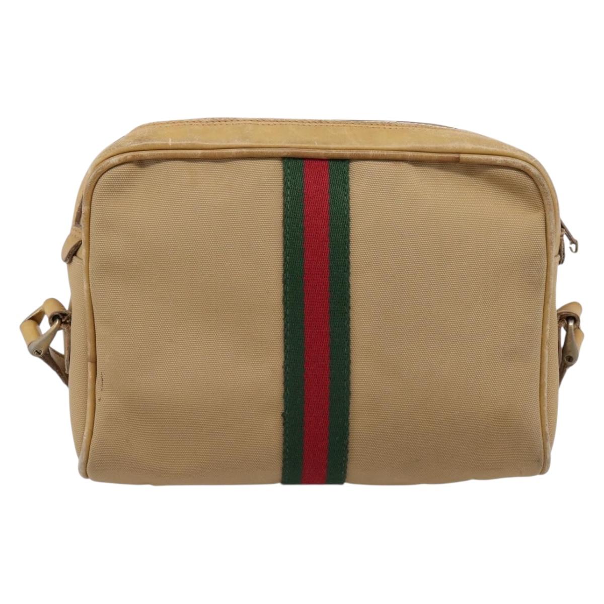 GUCCI Web Sherry Line Shoulder Bag Canvas Beige Gold Auth 200924