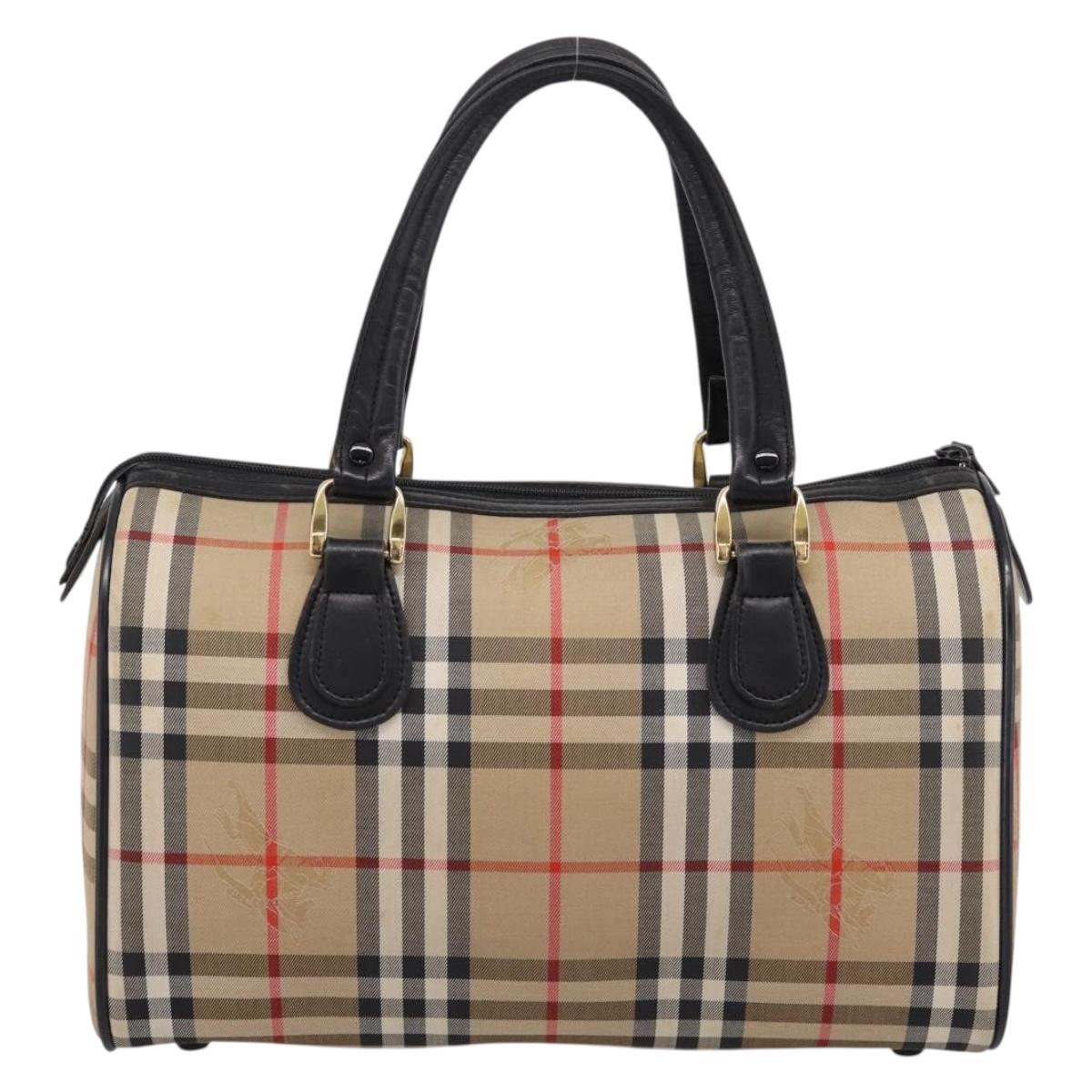 Burberrys Nova Check Boston Bag Canvas Beige Gold Auth 200948