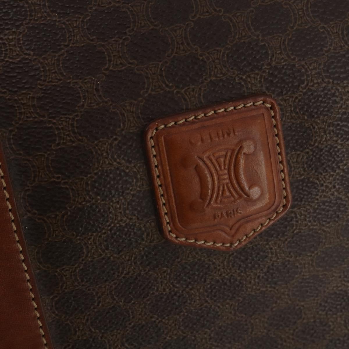 CELINE Macadam Canvas Boston Bag PVC Leather Brown Gold Auth 200952
