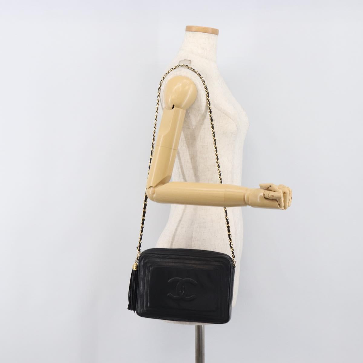 CHANEL Matelasse Chain Shoulder Bag Lamb Skin Black Gold CC Auth 200959V