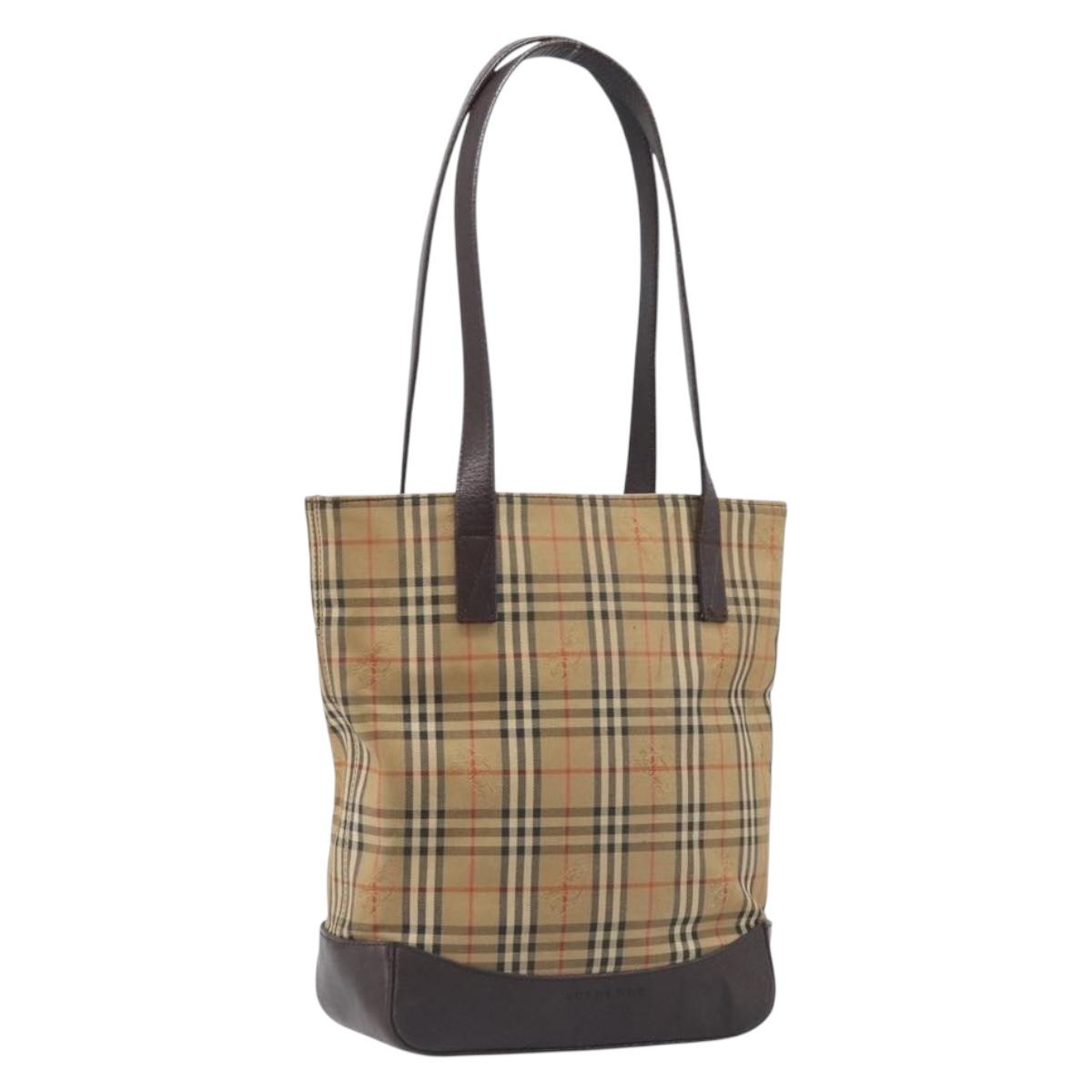 BURBERRY Nova Check Tote Bag Canvas Beige Gold Auth 200966