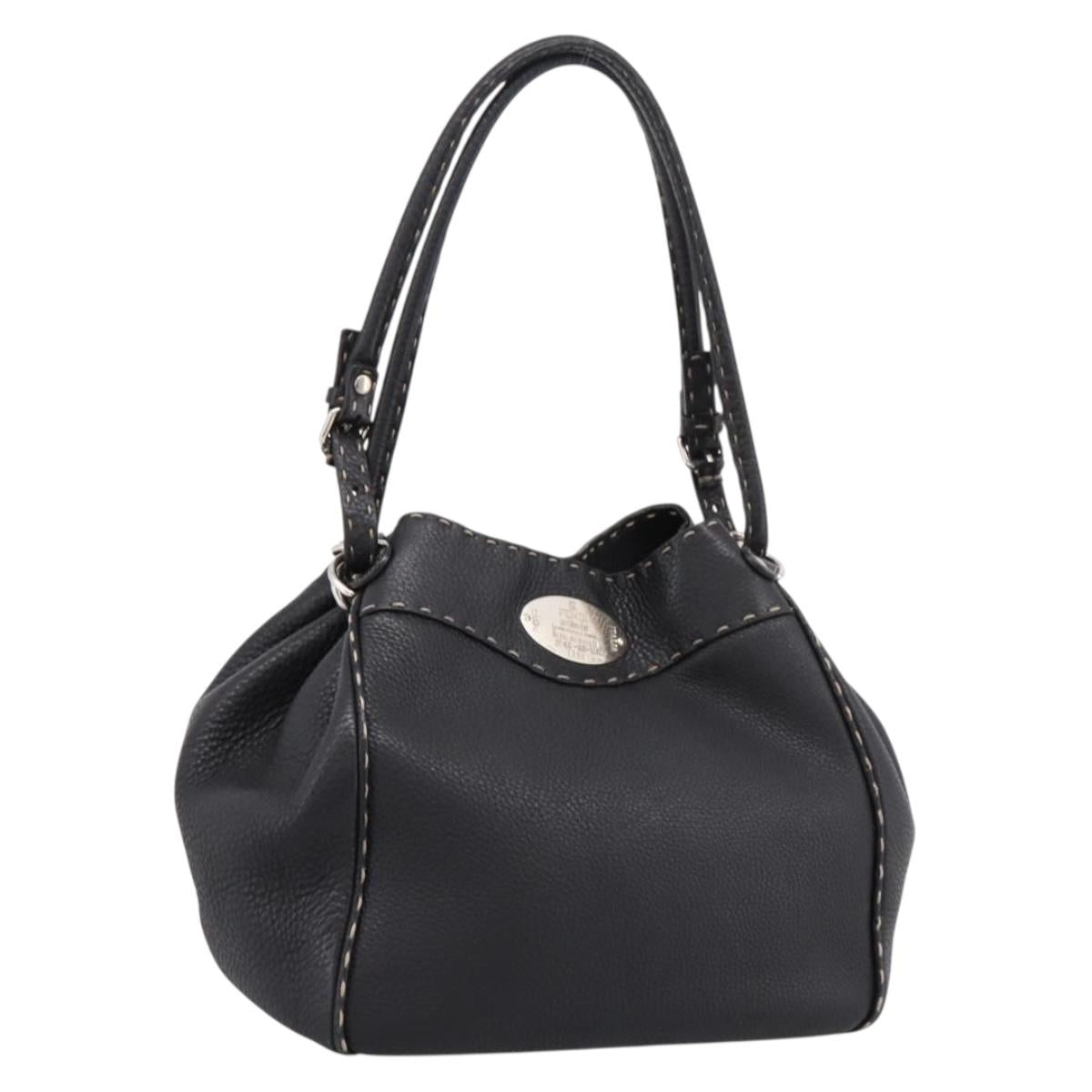 FENDI Celeria Tote Bag Leather Black Silver Auth 200968A