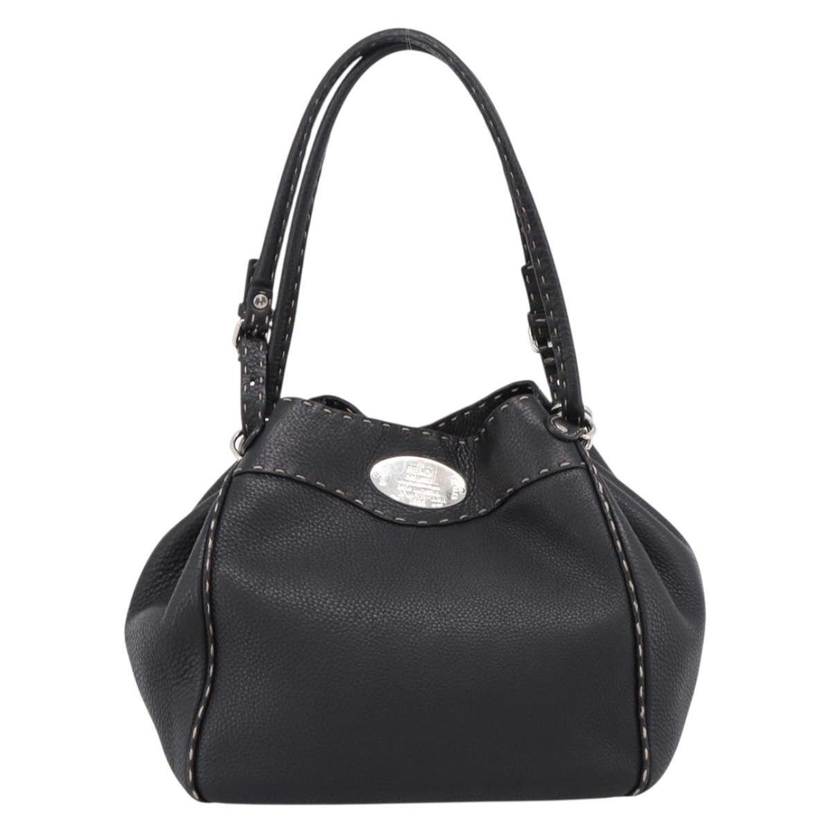 FENDI Celeria Tote Bag Leather Black Silver Auth 200968A