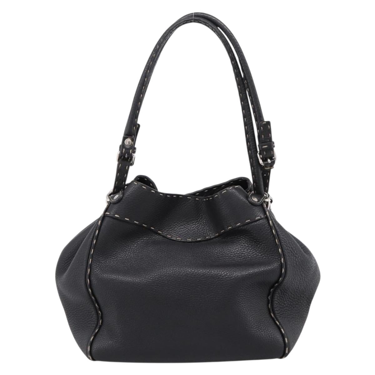 FENDI Celeria Tote Bag Leather Black Silver Auth 200968A