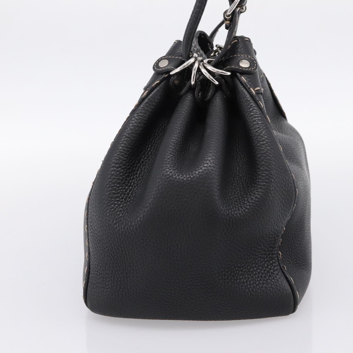 FENDI Celeria Tote Bag Leather Black Silver Auth 200968A