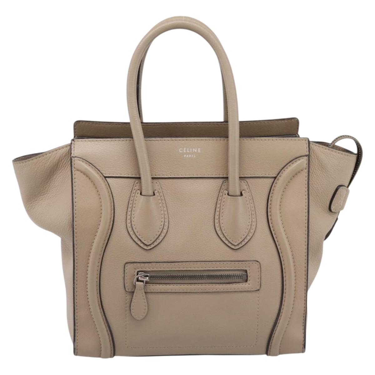 CELINE Luggage Micro Shopper Hand Bag Leather Beige Silver Auth 200973V