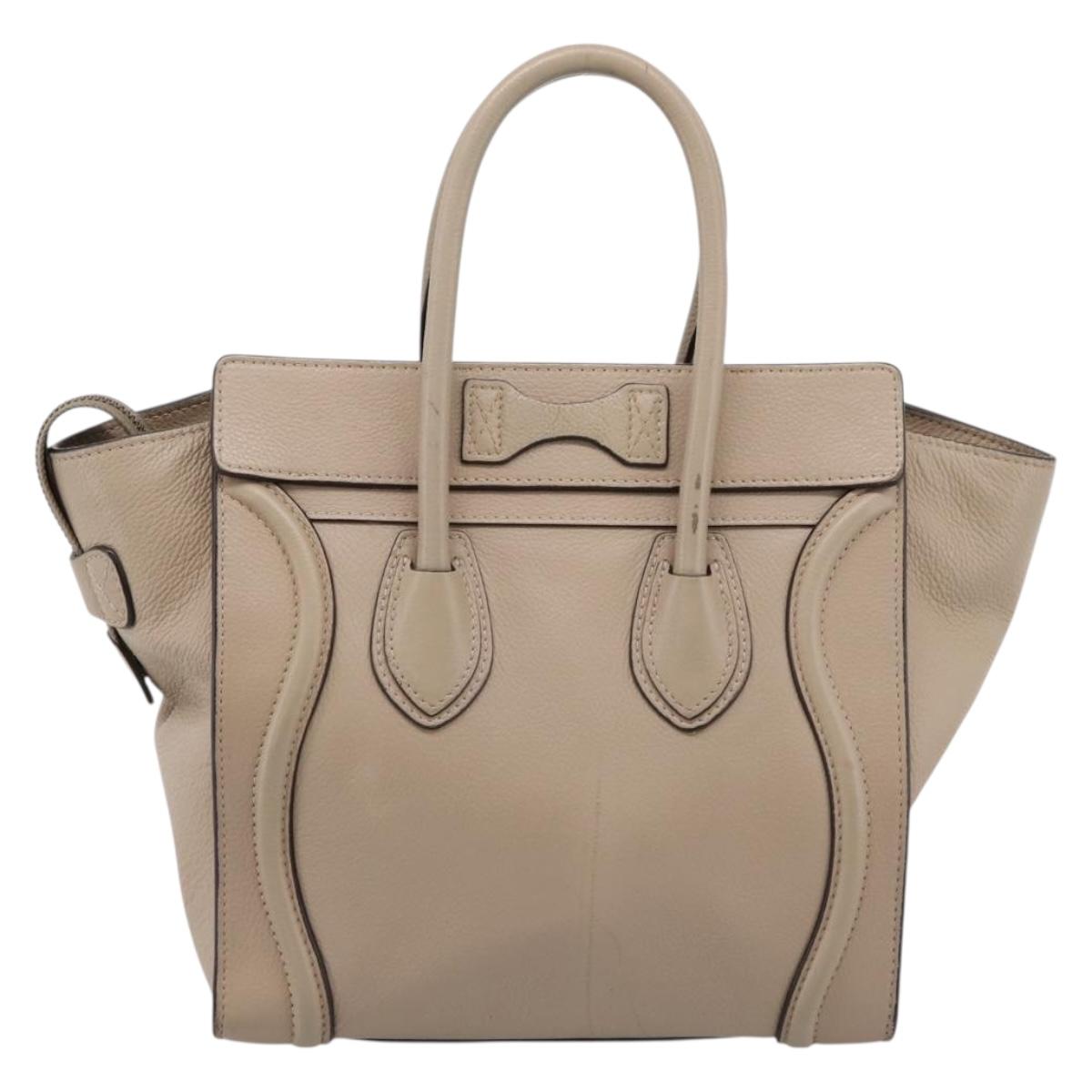 CELINE Luggage Micro Shopper Hand Bag Leather Beige Silver Auth 200973V