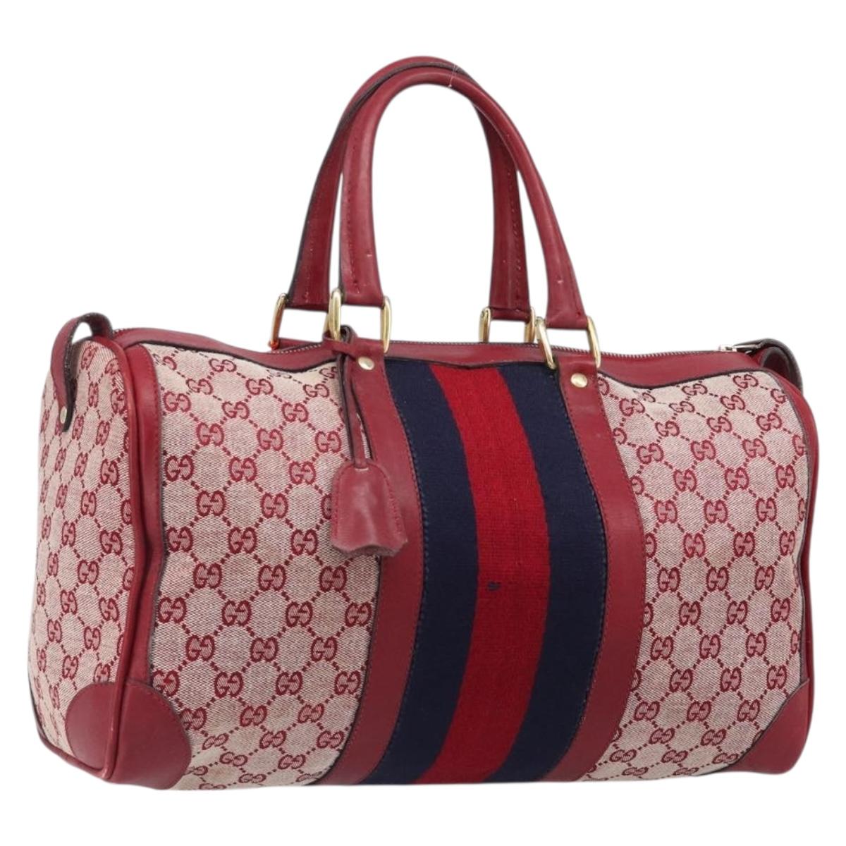 GUCCI GG Canvas Sherry Line Boston Bag Red Gold Auth 200975