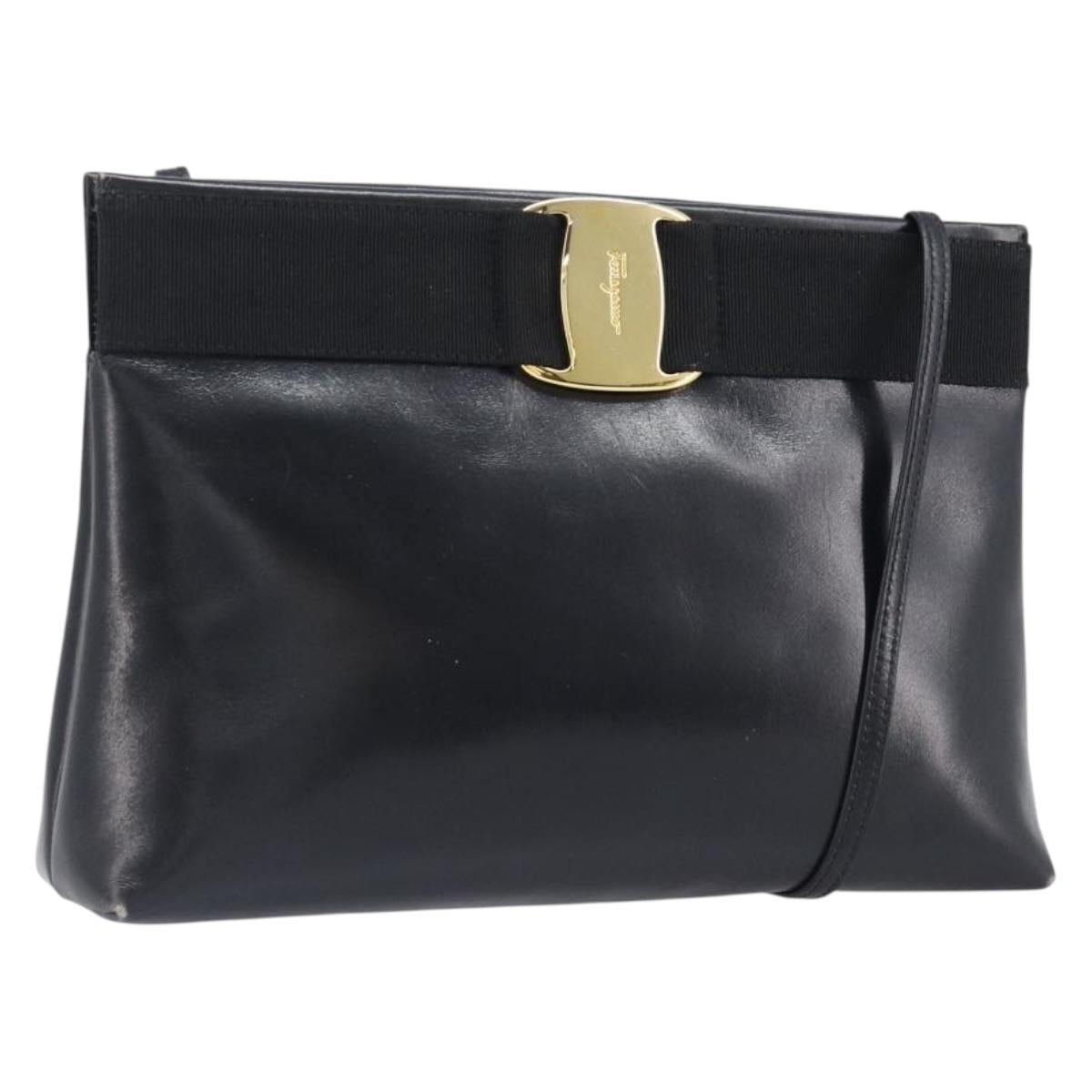 Salvatore Ferragamo Vala Shoulder Bag Leather Black Gold Auth 200983