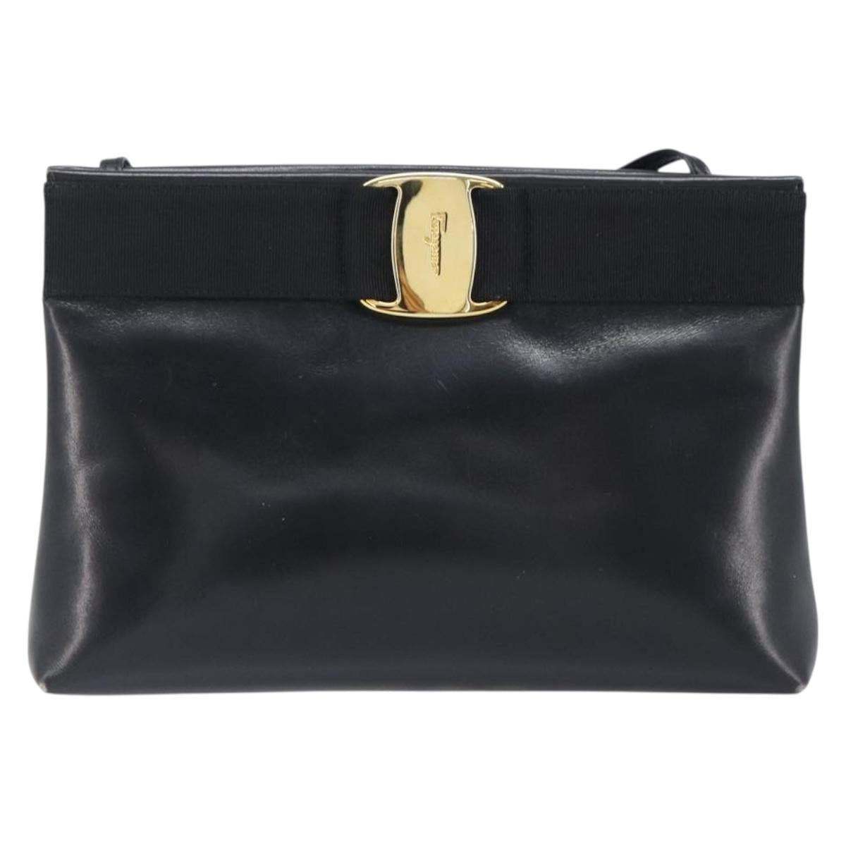 Salvatore Ferragamo Vala Shoulder Bag Leather Black Gold Auth 200983