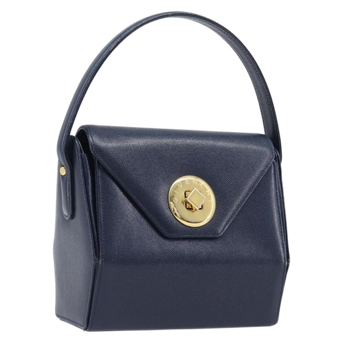 GIVENCHY Hand Bag Leather Navy Gold Auth 200997