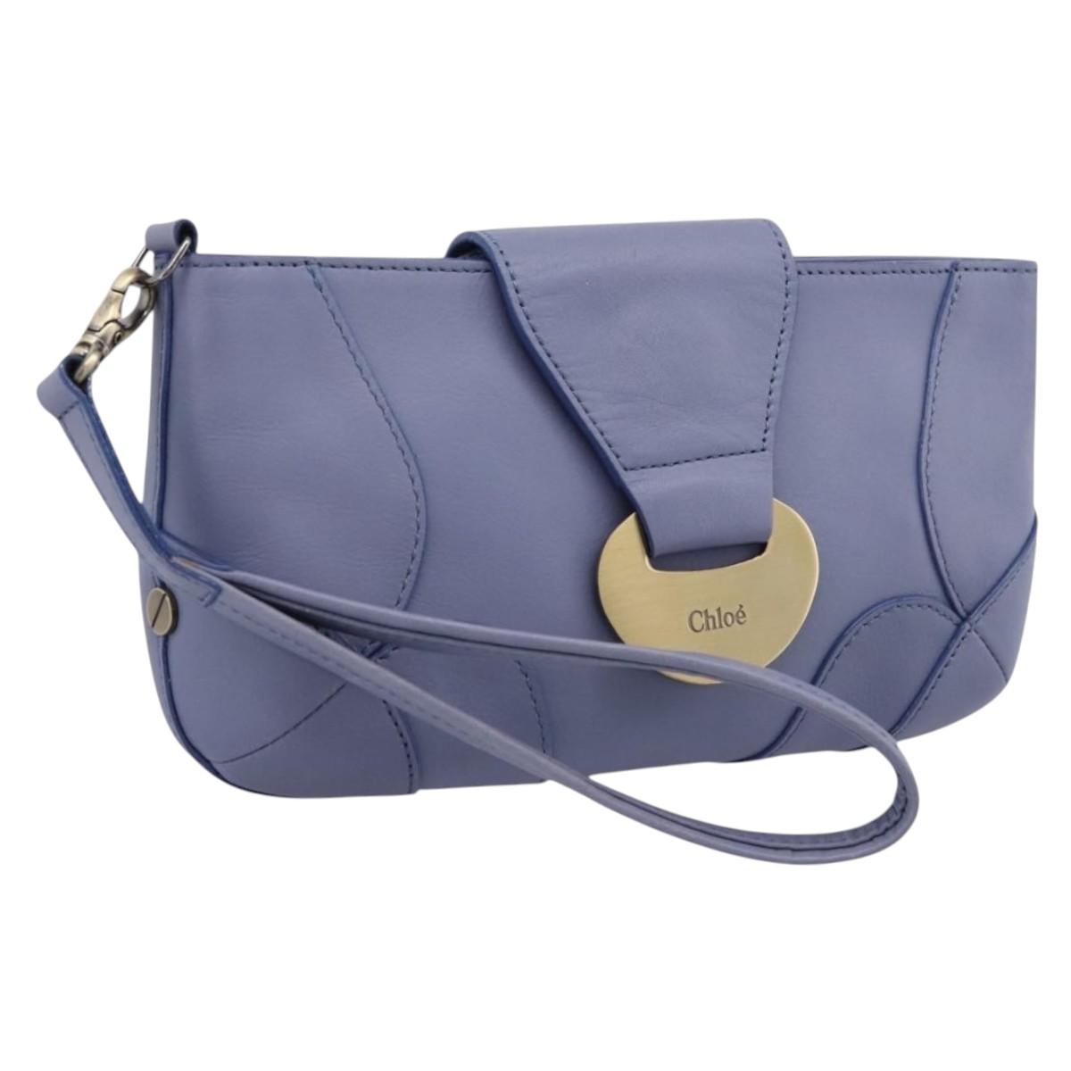 Chloe Clutch Bag Leather Light Blue Gold Auth 201007A
