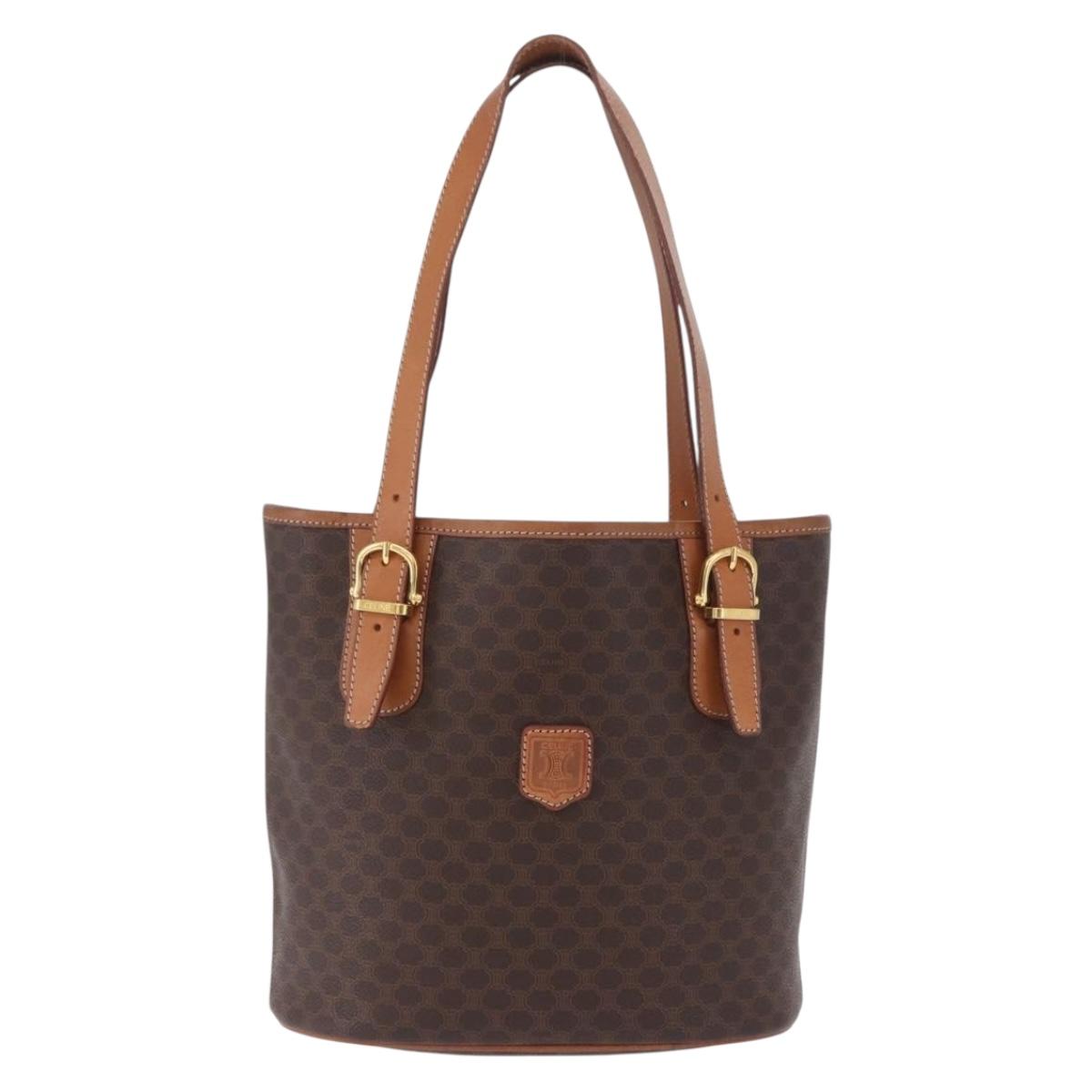 CELINE Macadam Canvas Tote Bag PVC Leather Brown Gold Auth 201082