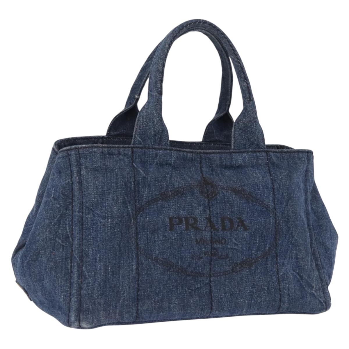 PRADA Canapa MM Hand Bag Denim Blue Gold Tone Auth 201120