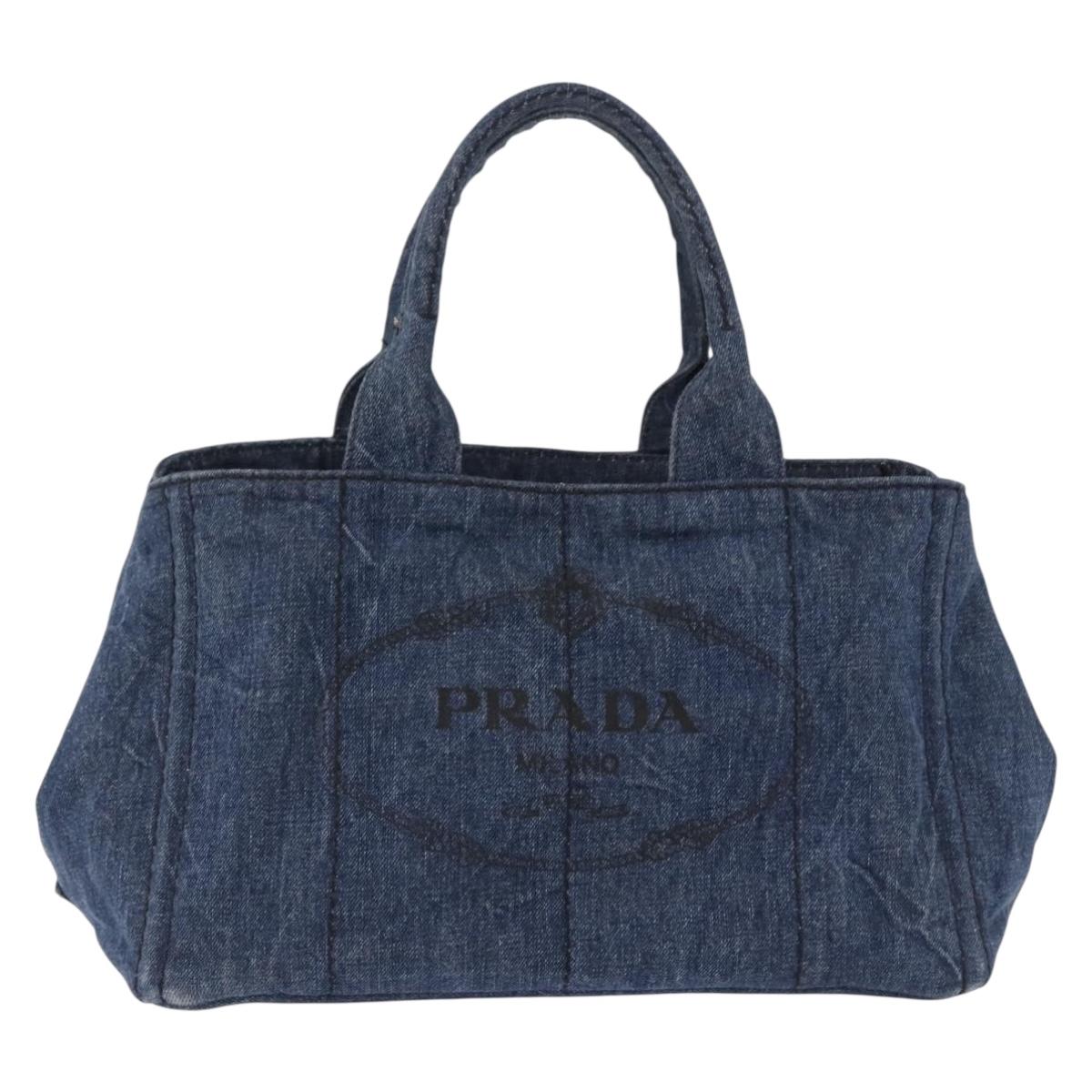 PRADA Canapa MM Hand Bag Denim Blue Gold Tone Auth 201120