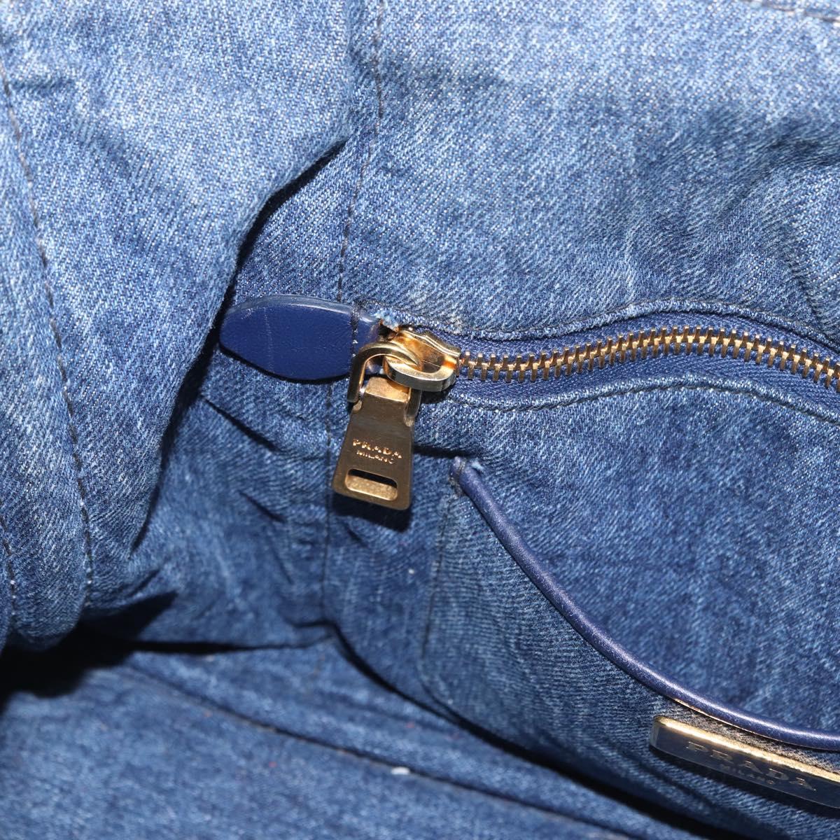 PRADA Canapa MM Hand Bag Denim Blue Gold Tone Auth 201120