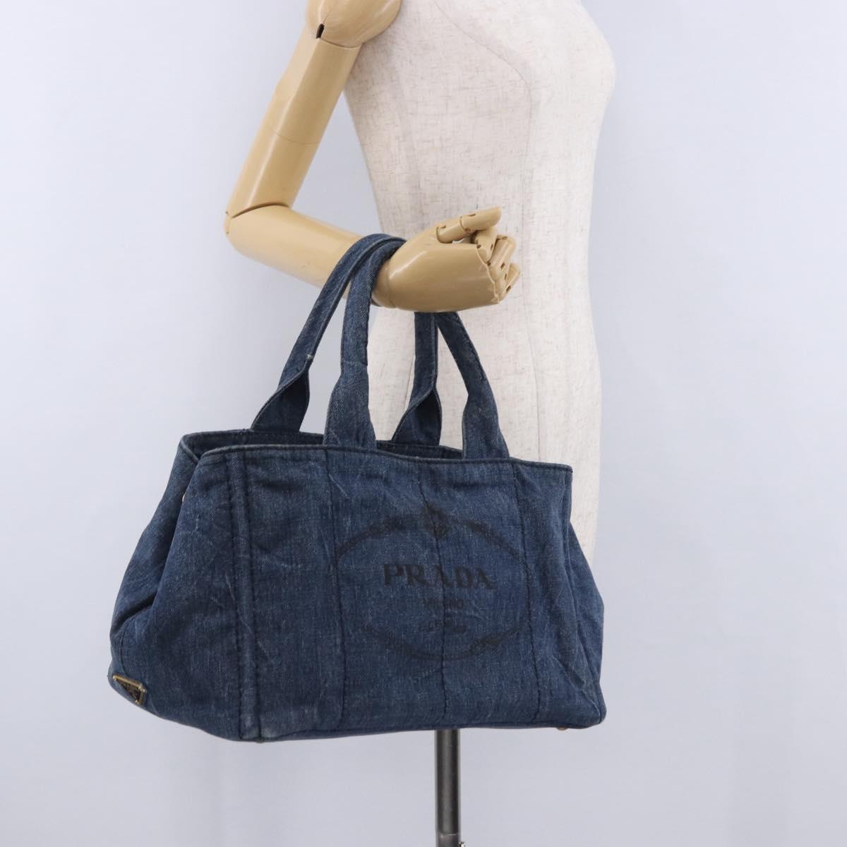 PRADA Canapa MM Hand Bag Denim Blue Gold Tone Auth 201120