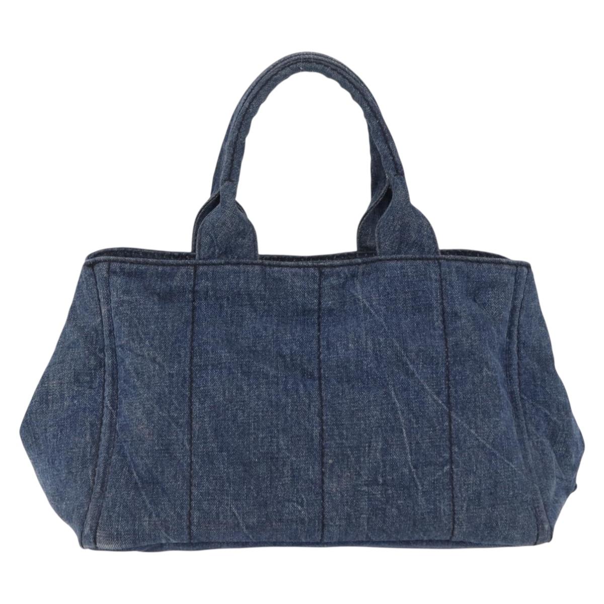 PRADA Canapa MM Hand Bag Denim Blue Gold Tone Auth 201120