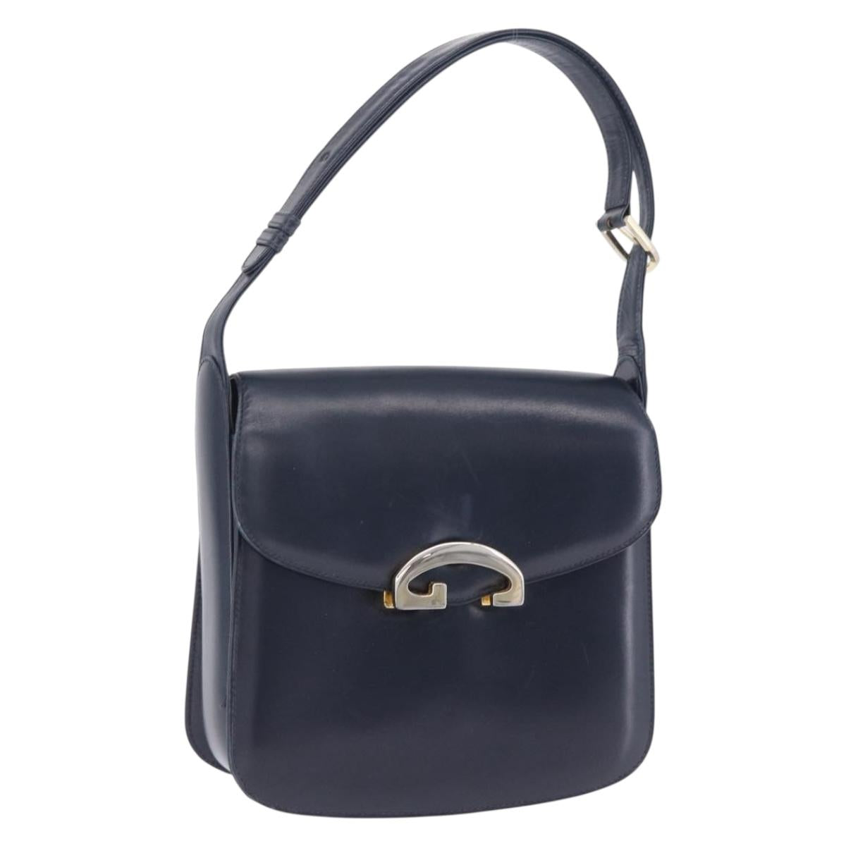 GUCCI Shoulder Bag Leather Navy Gold Tone Auth 201158