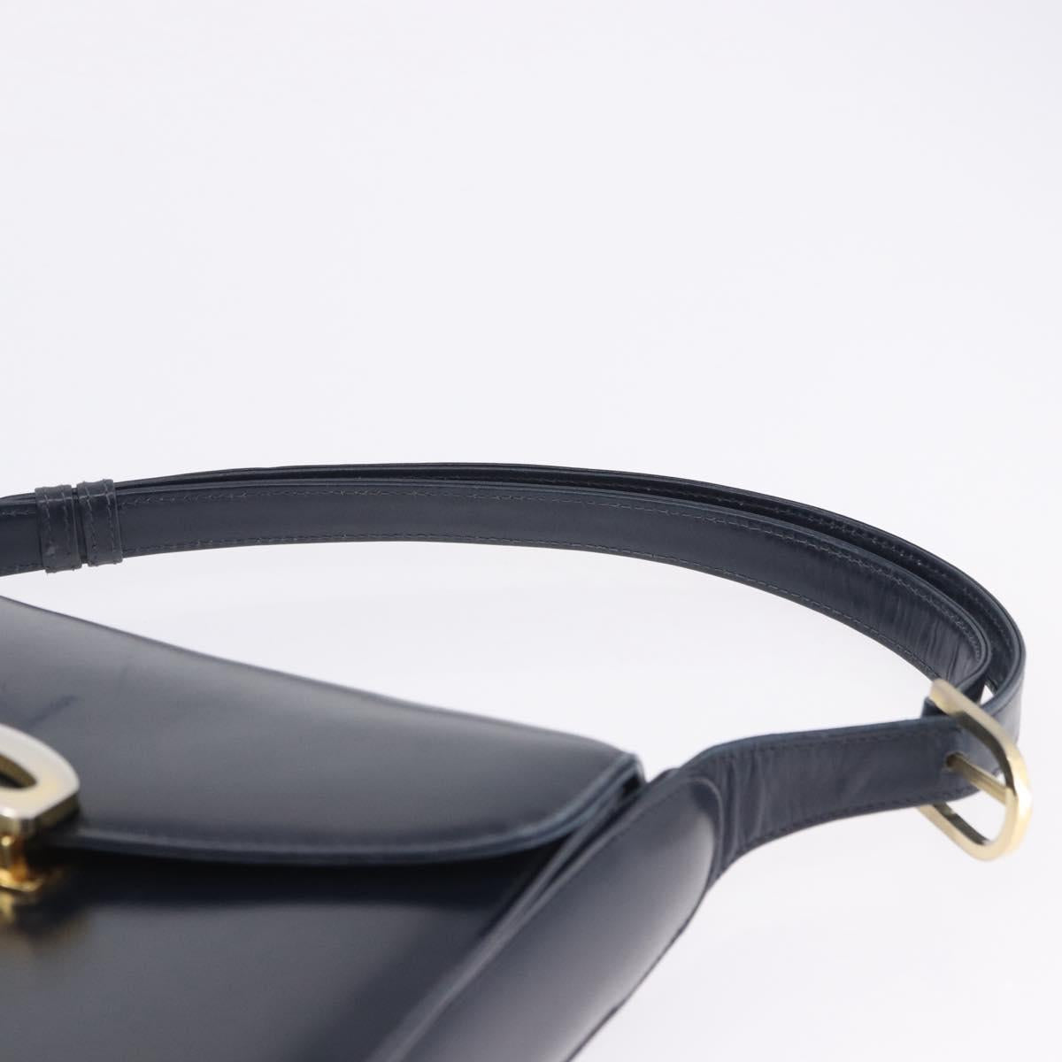 GUCCI Shoulder Bag Leather Navy Gold Tone Auth 201158