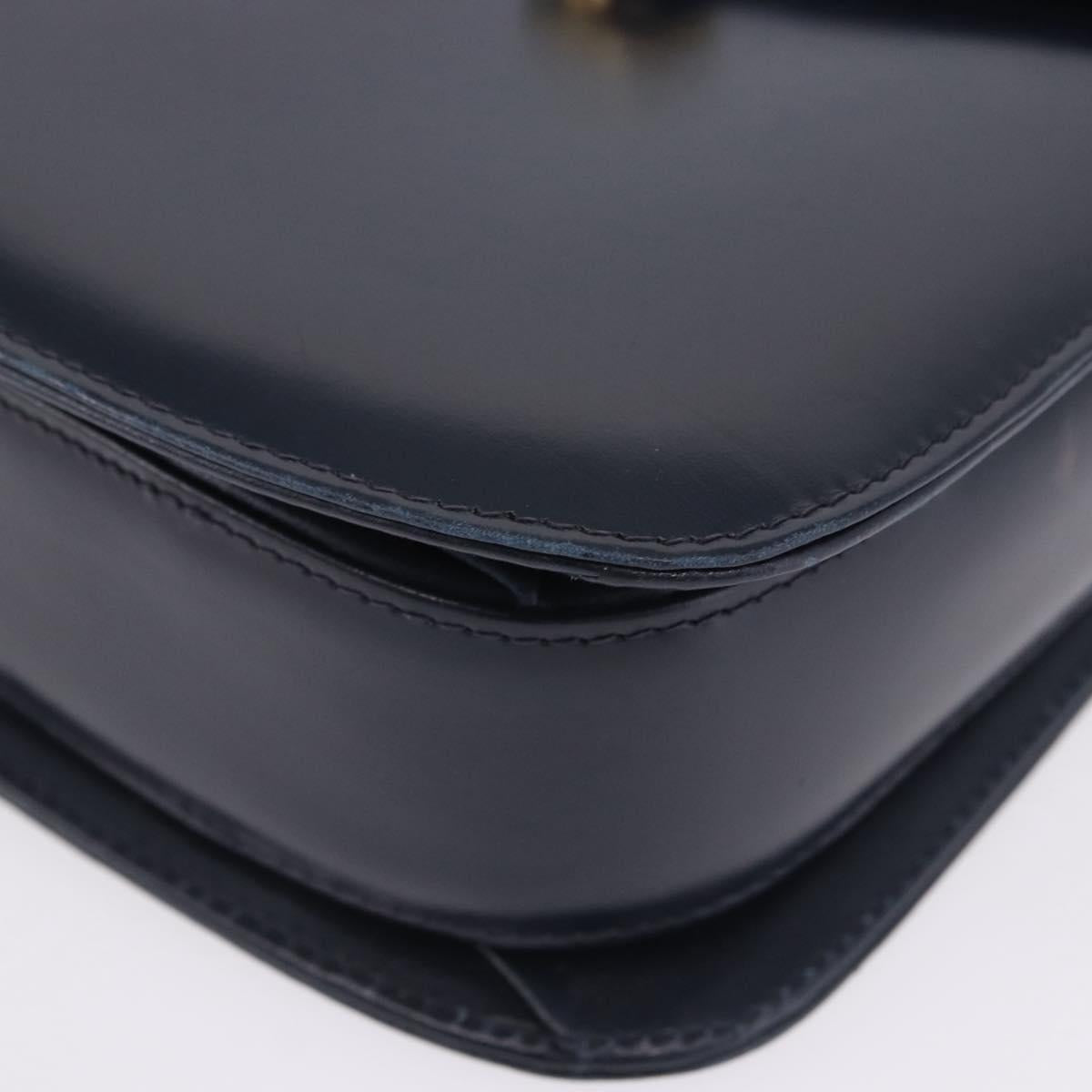 GUCCI Shoulder Bag Leather Navy Gold Tone Auth 201158