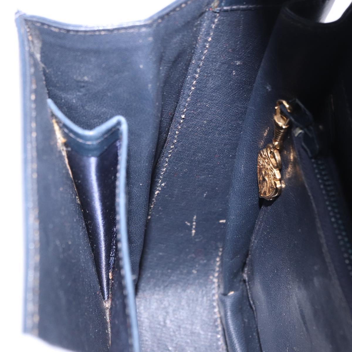 GUCCI Shoulder Bag Leather Navy Gold Tone Auth 201158
