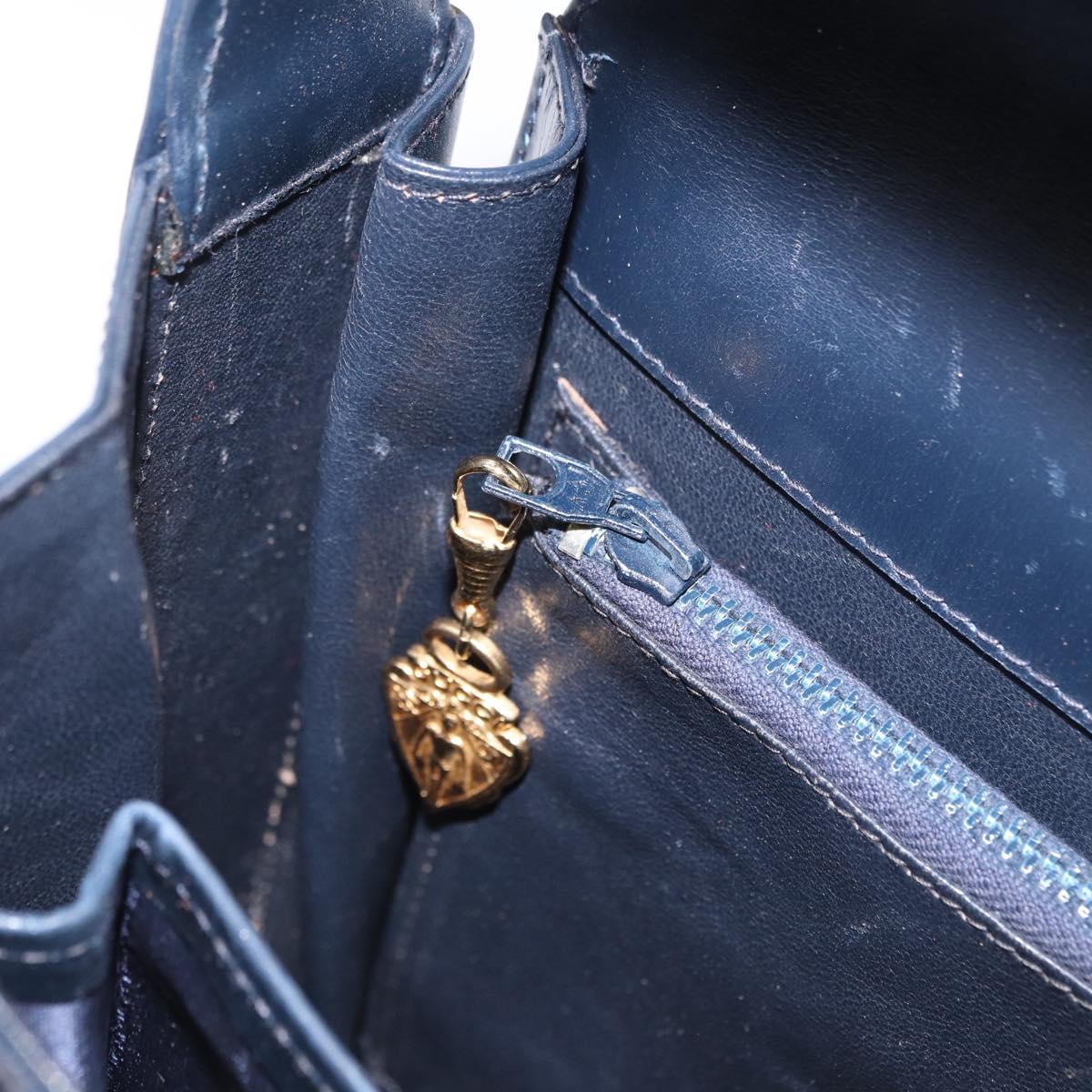 GUCCI Shoulder Bag Leather Navy Gold Tone Auth 201158