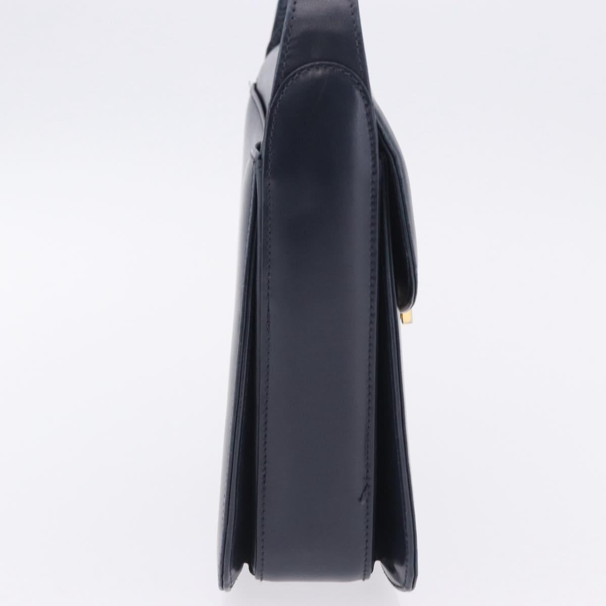 GUCCI Shoulder Bag Leather Navy Gold Tone Auth 201158