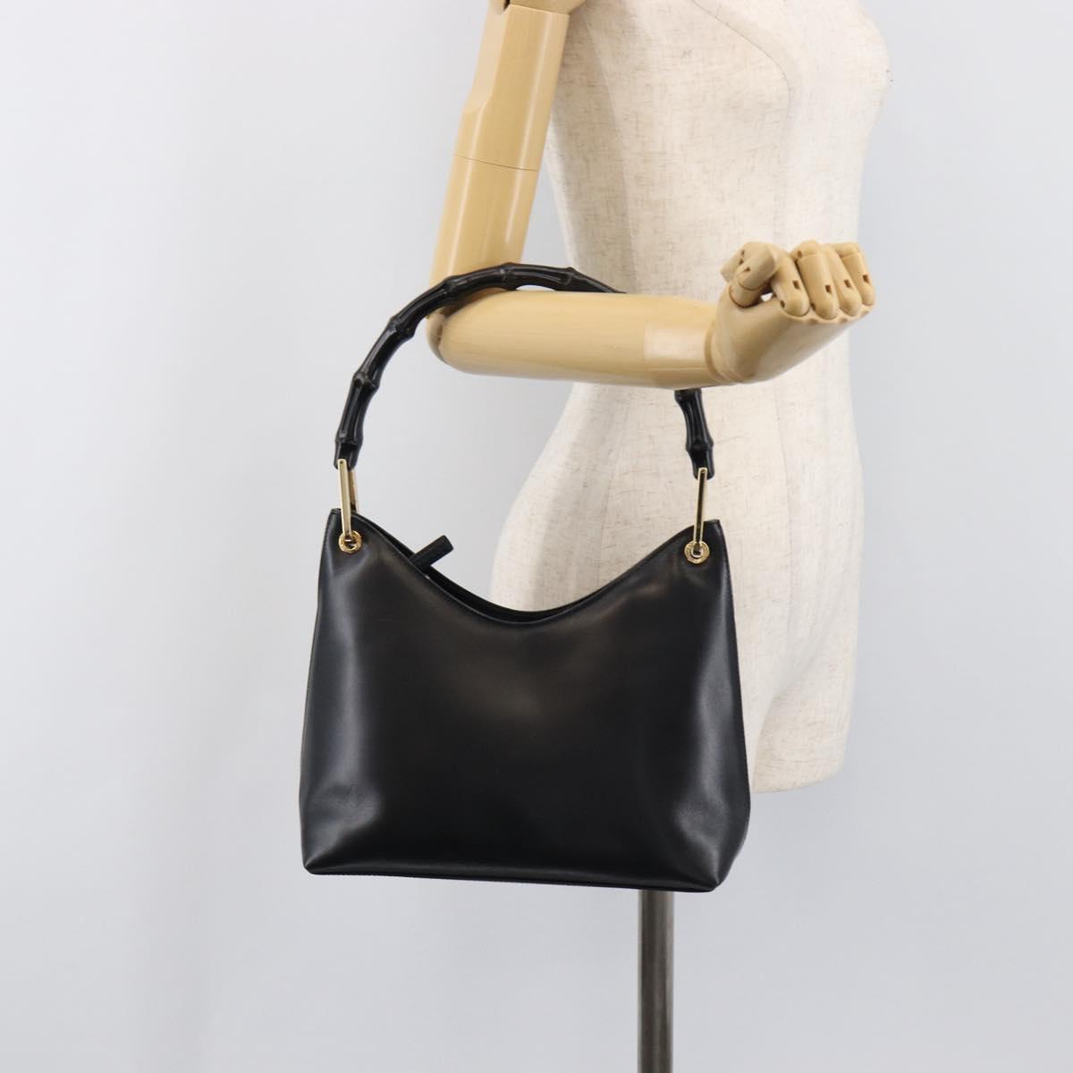 GUCCI Bamboo Hand Bag Leather Black Gold Tone 001 3008 Auth 201175