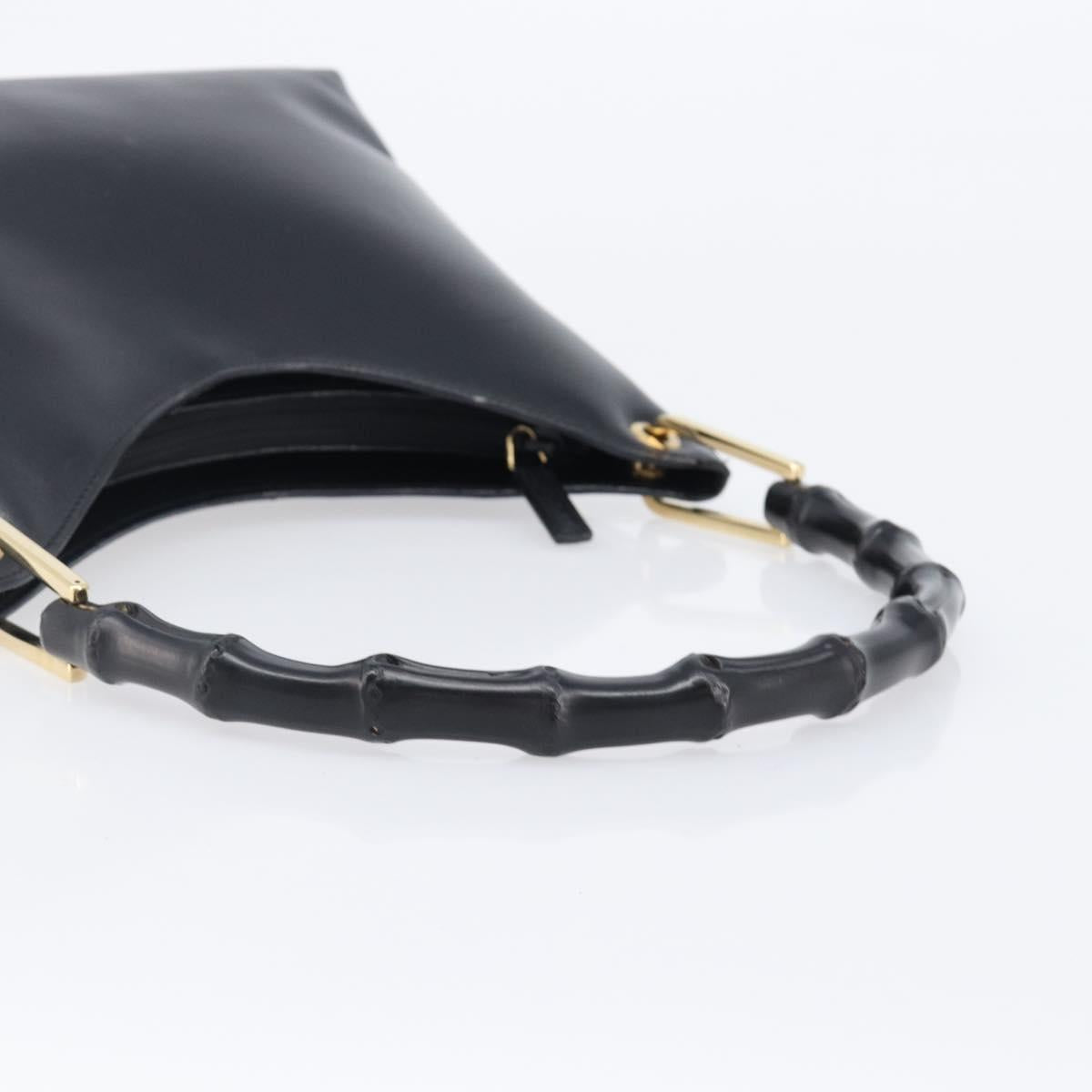 GUCCI Bamboo Hand Bag Leather Black Gold Tone 001 3008 Auth 201175
