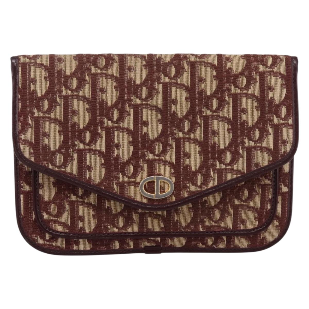 Christian Dior Trotter Canvas Pouch Red Gold Tone Auth 201191