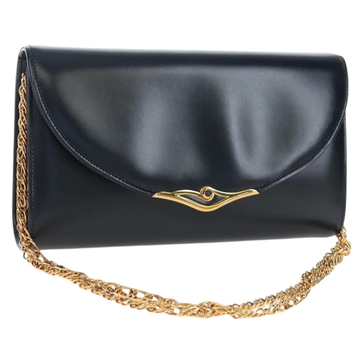 CARTIER Chain Shoulder Bag Leather Navy Gold Auth 201192V