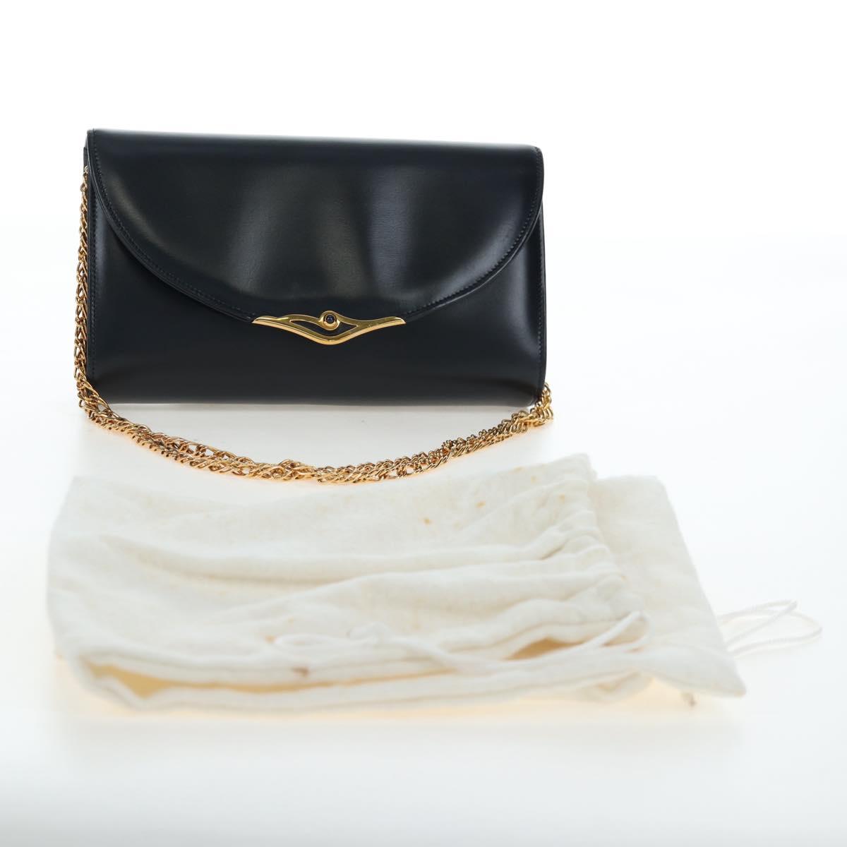 CARTIER Chain Shoulder Bag Leather Navy Gold Auth 201192V