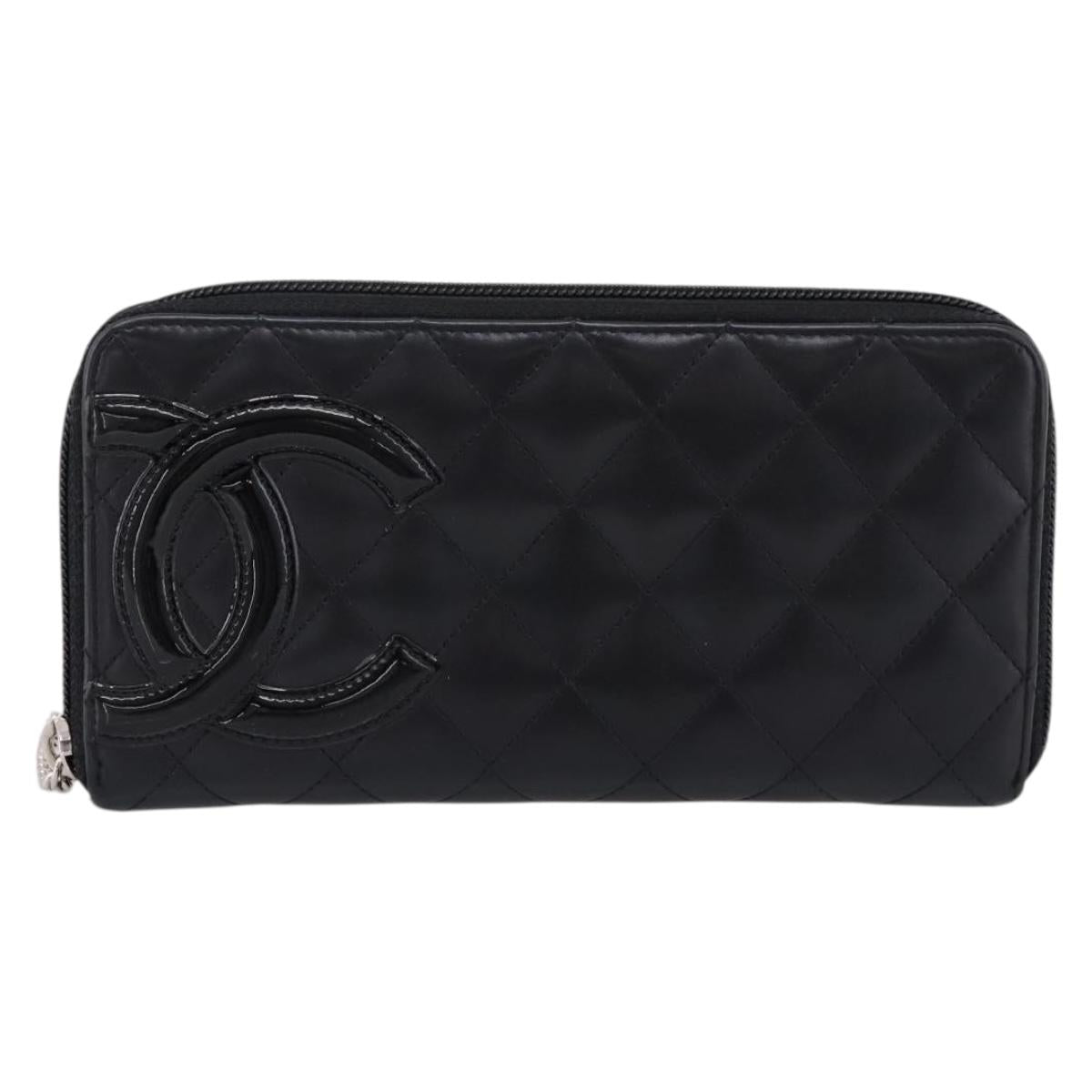 CHANEL Cambon Line Matelasse Long Wallet Leather Black Silver CC Auth 201210A