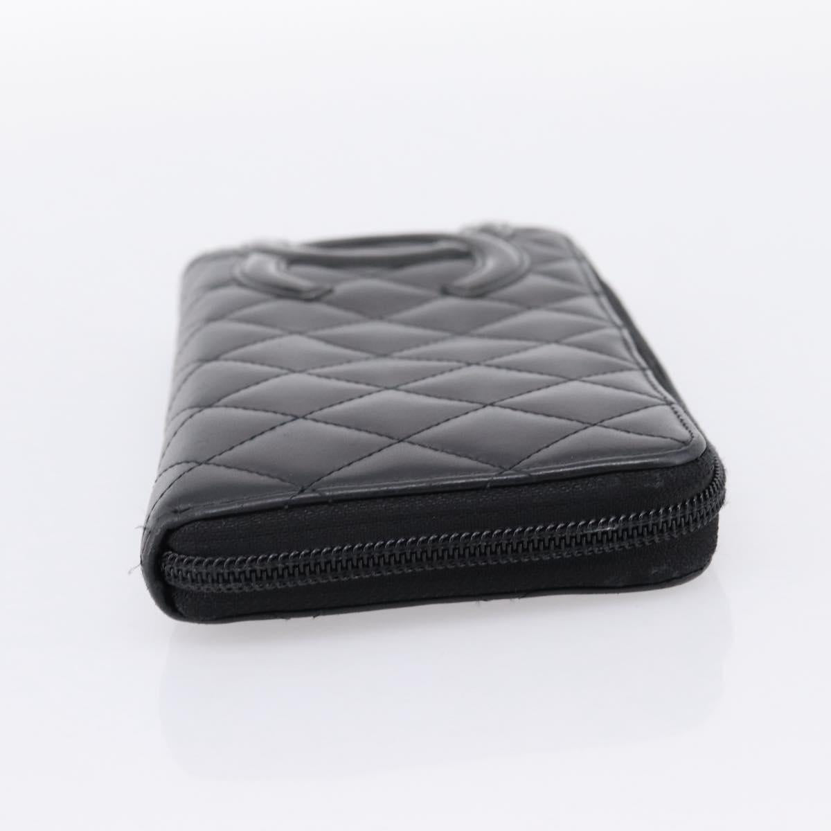 CHANEL Cambon Line Matelasse Long Wallet Leather Black Silver CC Auth 201210A