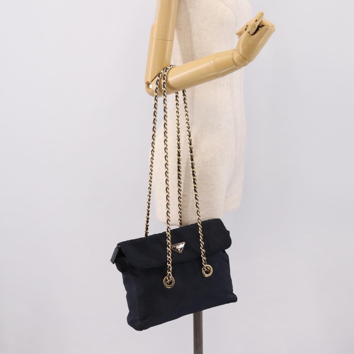 PRADA Chain Shoulder Bag Nylon Navy Gold Tone Auth 201216