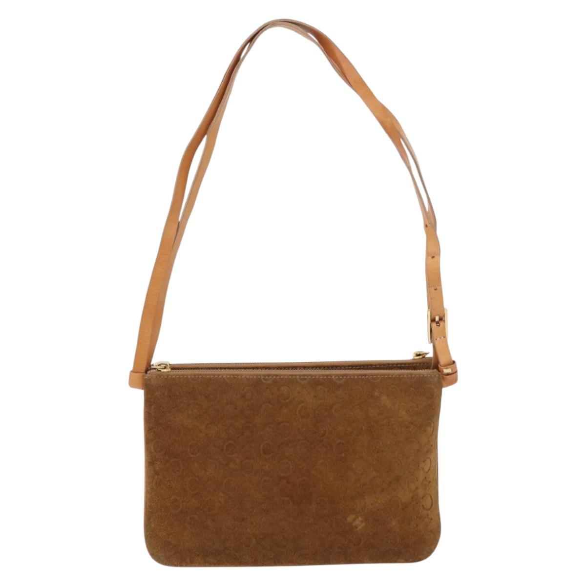 CELINE C Macadam Canvas Shoulder Bag Suede Brown Gold Auth 201247